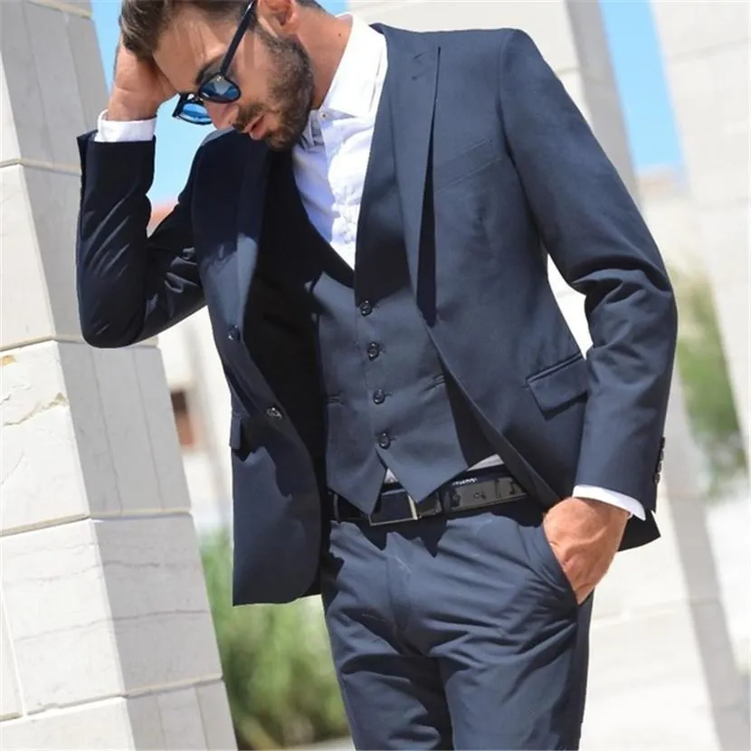 Helt ny två knappar Navy blå bröllop brudgum tuxedos topp lapel groomsmen män passar prom blazer (jacka + byxor + väst + slips) nej: 2095