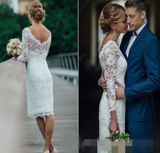 Abiti da sposa eleganti a sirena in pizzo a maniche lunghe con lunghezza al ginocchio e retro coperto Abito da sposa vintage country vestido de novia