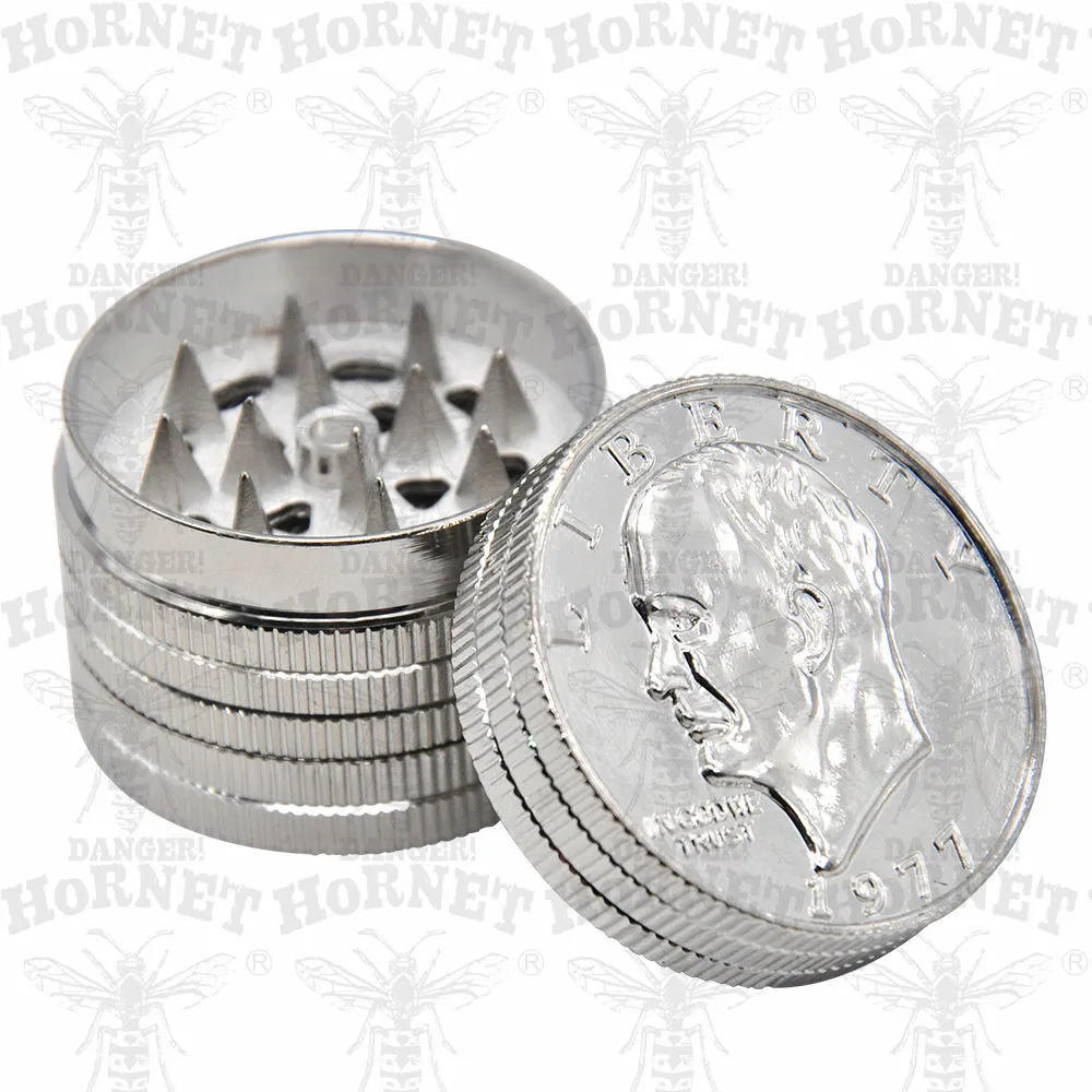 42MM Metal Coin Shape Tobacco Grinders, Silver 3 Layer Herb Spice