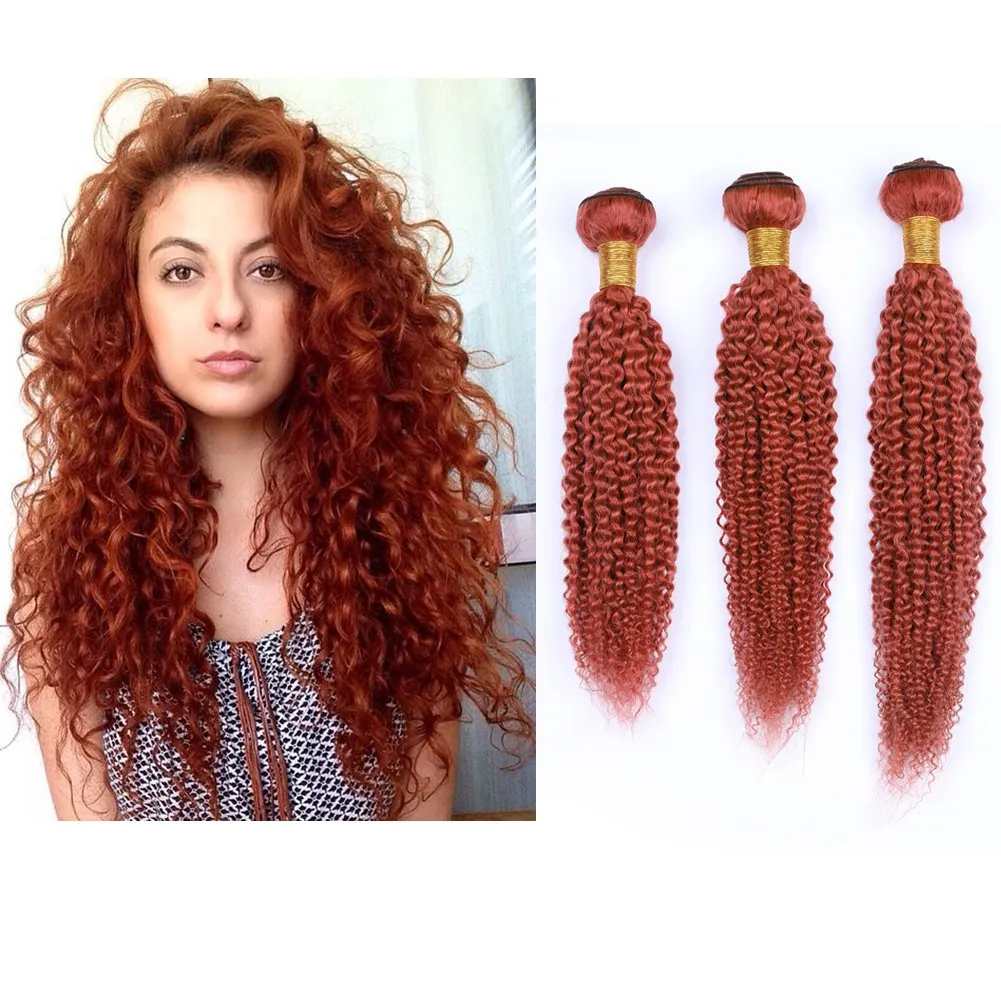 Orange Färg Kinky Curly Human Hair Extensions Double Infted Orange Hårbuntar 10-30 tum Färg Hårväv för Kvinna