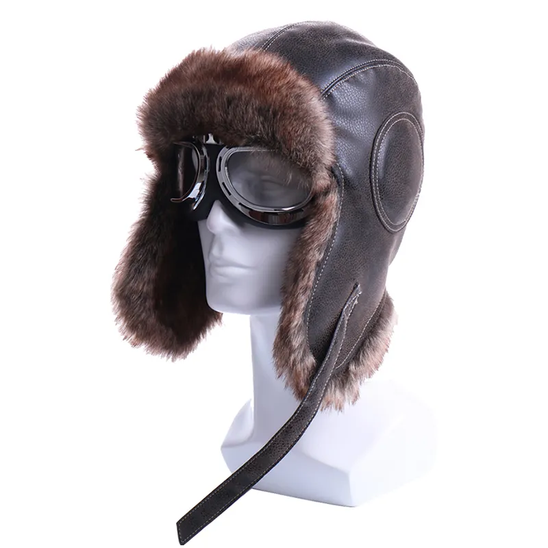 Chapéus bomber de inverno de pelúcia, protetor de orelha russo, ushanka com óculos, chapéu piloto de caçador, couro sintético, pele de neve, ly1912296z