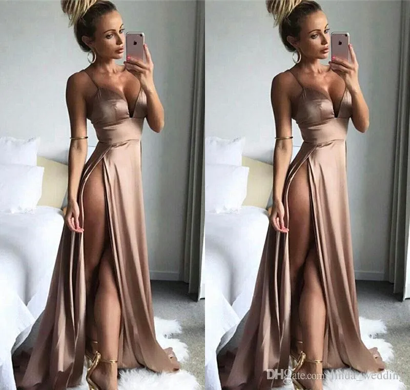 2019 High Split Prom Dress New Spaghetti Straps Sin mangas Long Formal Holidays Wear Graduation Evening Party Vestido por encargo Tallas grandes