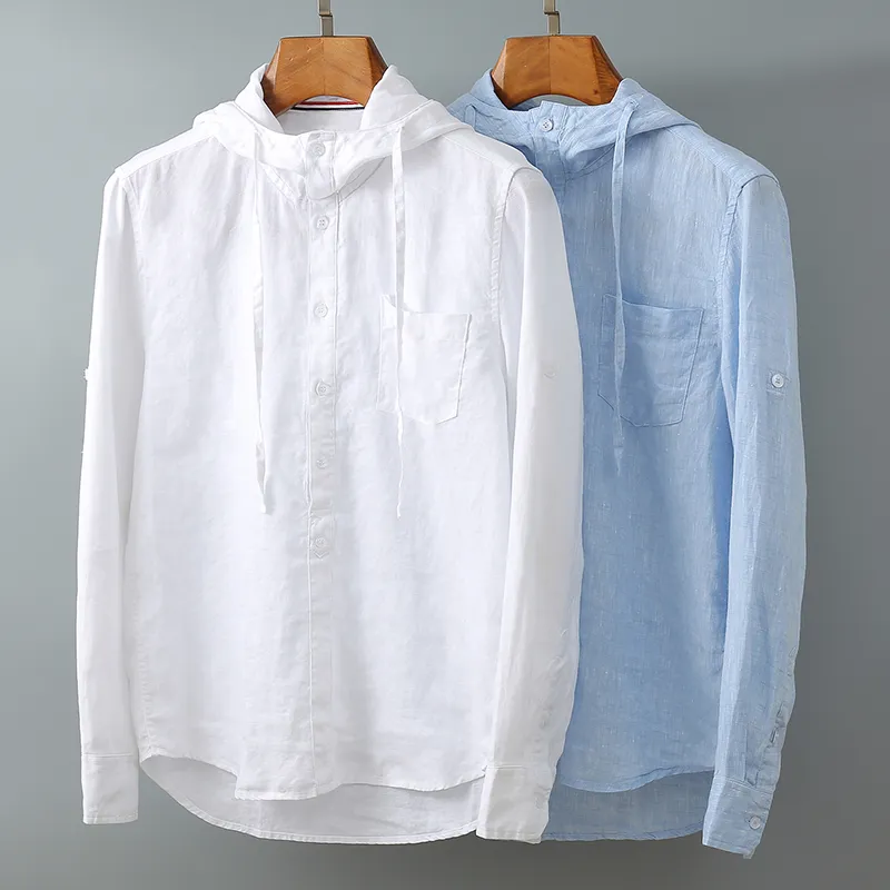Mens Casual Shirts 100%Linen Men Long Sleeve Hooded Shirt Solid
