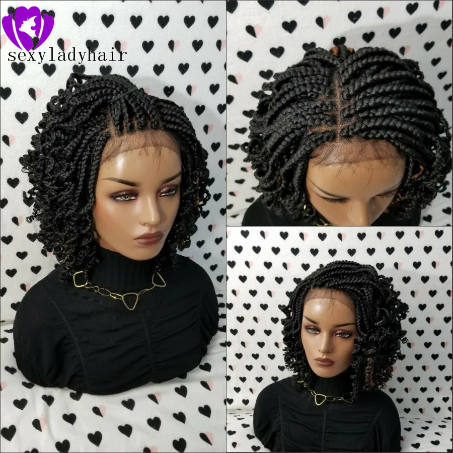 Handgjorda Kinky Curly Box Flätor Wig Svart / Brun / Blond / Ombre Färg Kort Flätad Lace Front Wig För Afrika Kvinnor