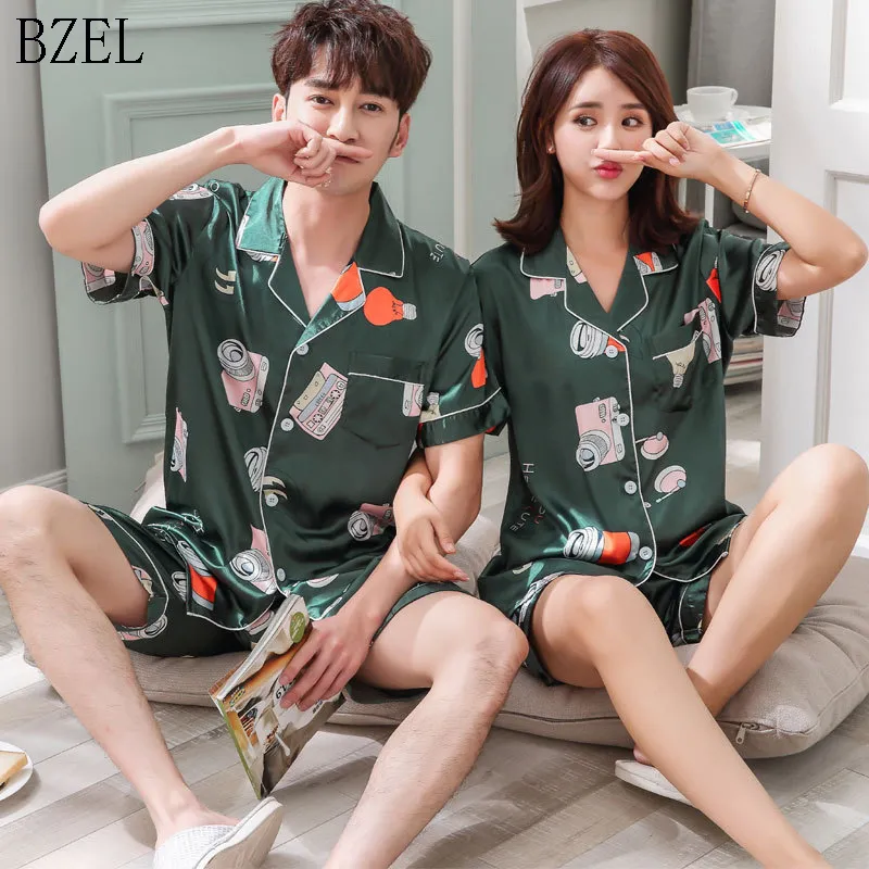 Women's Sleepwear BZEL Couple Pajamas Pijamas Women Satin Pyjama Woman Home Wear Silk Set Suit Big Size Drop