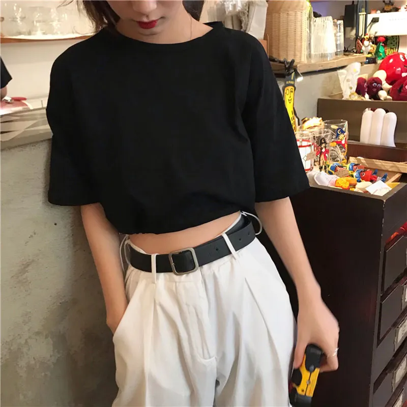 한국어 하라주쿠 티셔츠 여성 2020 여름 새로운 Drawstring 이슬 허리 짧은 소매 잘린 탑스 여성 캐주얼 티셔츠