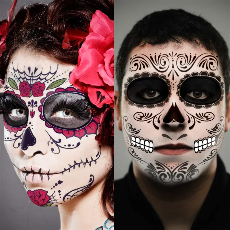 Decoração de Halloween Tattoo de tatuagem de tatuagem de maquiagem facial adesivo dia do crânio morto máscara de face à prova d'água tatuagens de máscaras xbjk1909