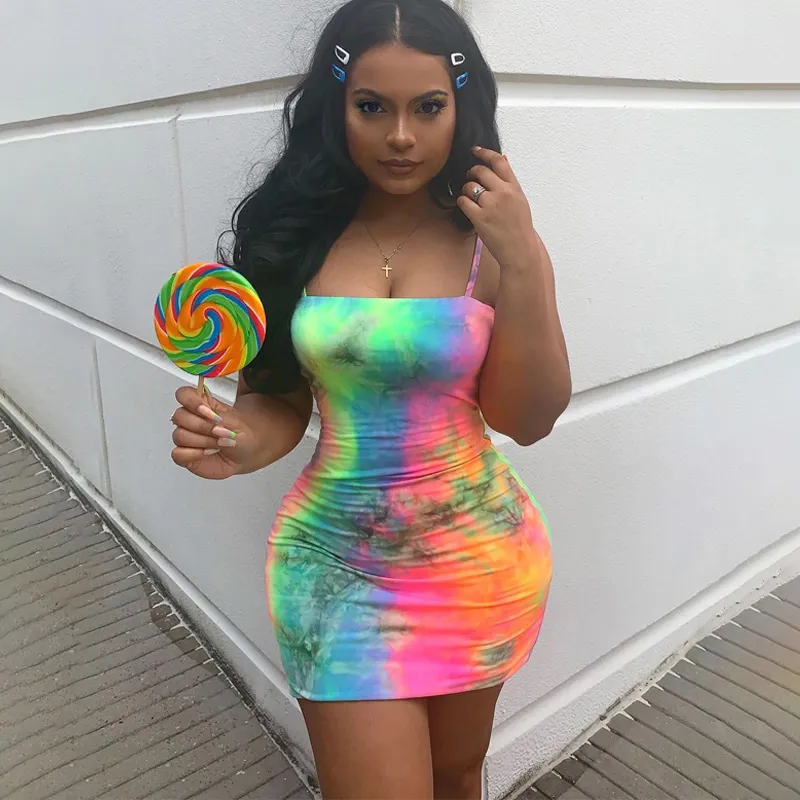 Colorful Spaghetti Straps Dresses Sexy Bodycon Mini Dress Tie Dye