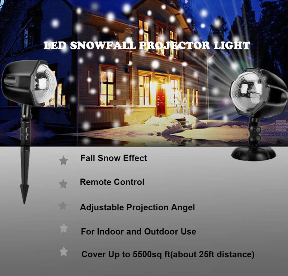 Christmas Snowfall Projector Lamp, Remote Control LED Snowflake Waterproof Rotating Garden Lawn Light for Outdoor Decor
