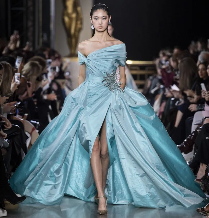 Elie Saab Light Sky Blue Overskirt Prom Dresses Off The Shoulder Split Side Formal Dress Taffeta Plooited Plus Size Avondjurken