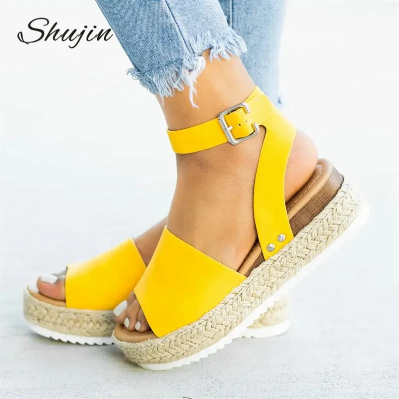 Shujhin أسافين أحذية للنساء حجم 42 الصنادل عالية الكعب أحذية الصيف 2019 بالتخبط chaussures فام منصة الصنادل 2019 Y190706