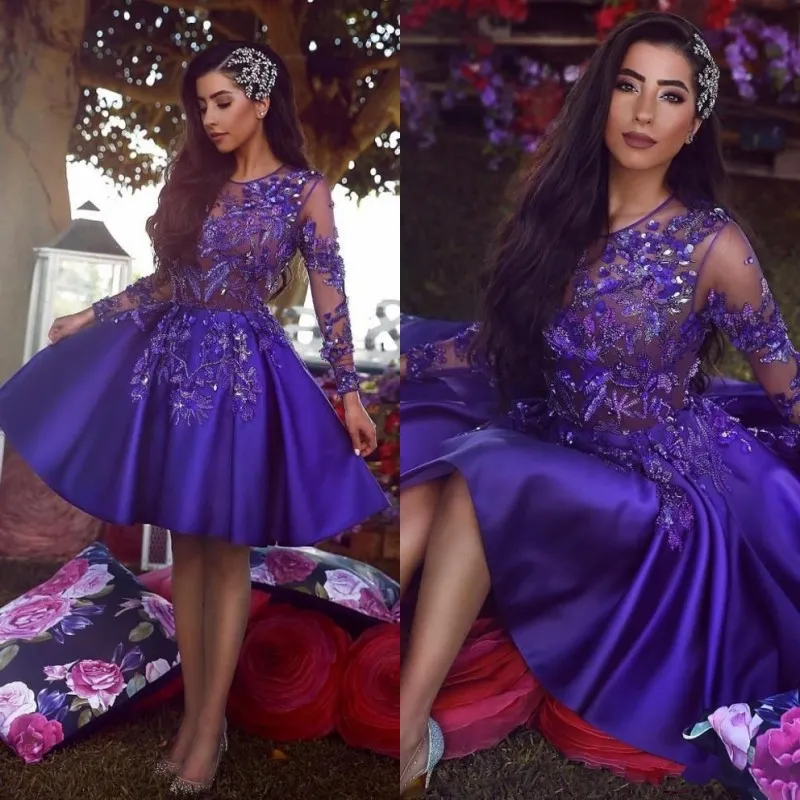 Eleagnt Arabic Dark Purple Vintage Long Sleeve Short Cocktail Homecoming Dresses A Line Sheer Neck Applique Beaded Dress Prom Gowns BC1227