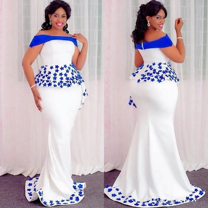 Bleu Royal Satin Sirène Plus La Taille Robes De Soirée Africain De L'épaule Appliques Peplum Formelle Robes De Bal