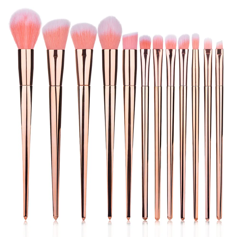 pinceles de maquillaje 12pcs rosa de oro en polvo colorete Fundación cara compone las herramientas Pincel Corrector Contorno de labios sombra de ojos Blush de ceja de belleza