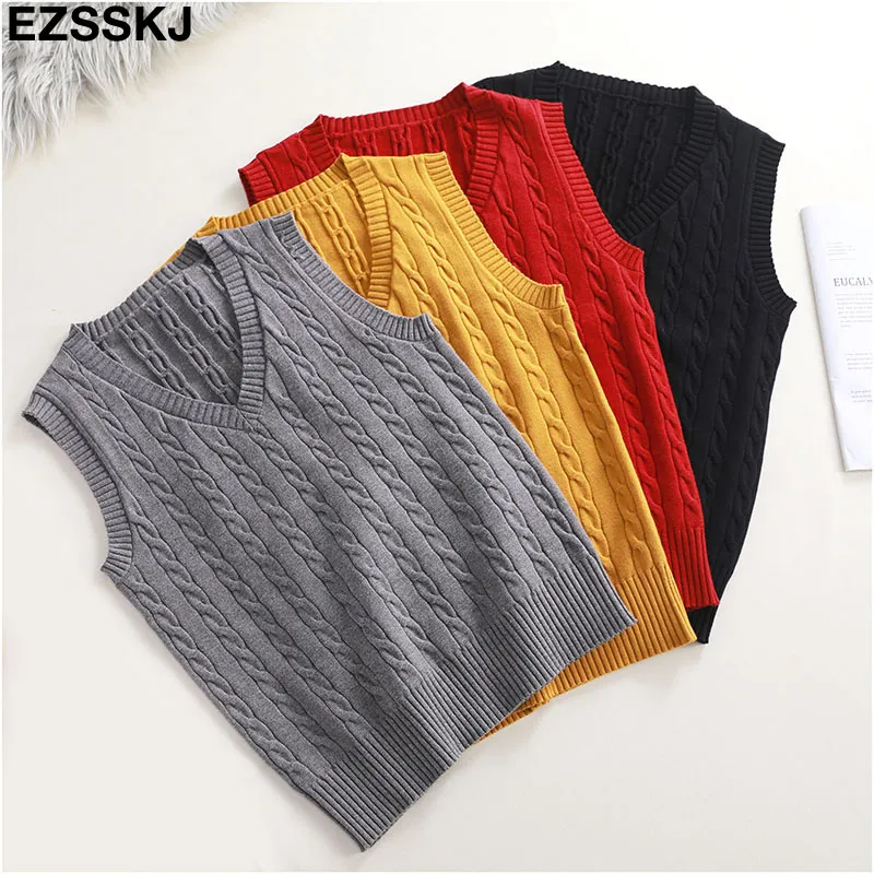 Fashion-2019 NEW Spring Autumn Wool Sweater Vest Women V-Neck Knitted Vest Female casual tank tops Sleeveless Twist knit pullovers