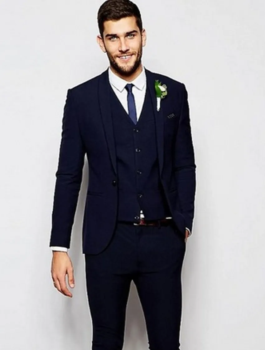Navy Blue Three Pieces Shawl Lapel Groomsman Suit Men's Wear