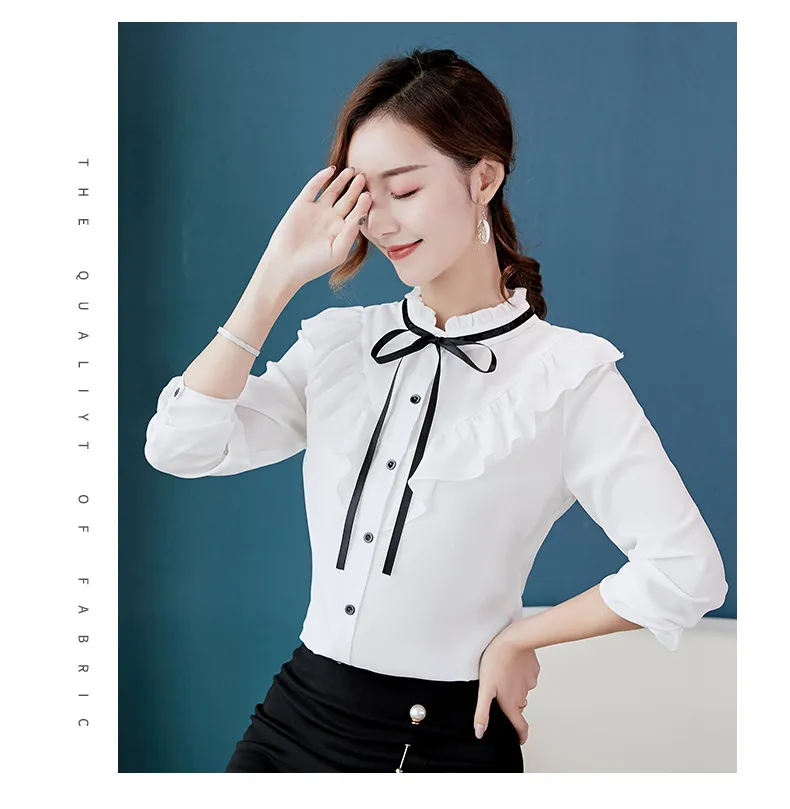 Otono 2018 camisa blanca para mujer camisa de manga larga ropa coreana con volantes para mujer blusa de gasa ajustada Tops elegantes para mujer