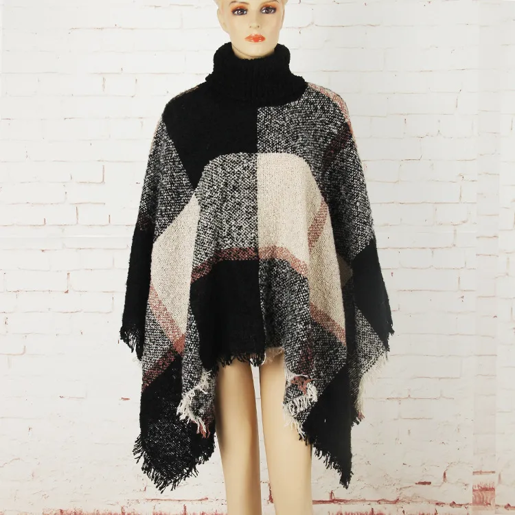 도매 격자 무늬 망토 가을 겨울 목도리 높은 칼라 스웨터 스카프 배트 윙 개의 Tassels 판쵸를 들어 소녀 니트 케이프 착실히 보내다