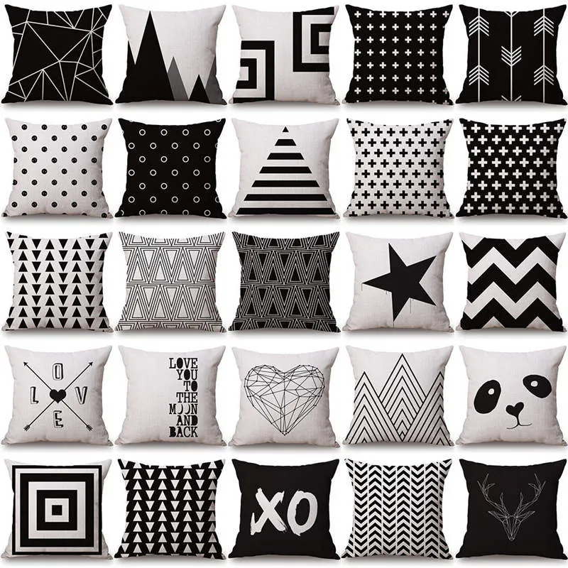 Halloween Christmas Black Black White Fodera Geometry Cuscino Coprisedili Cotton Lino Cuscino per divano letto Nordic Throw Pillow Case