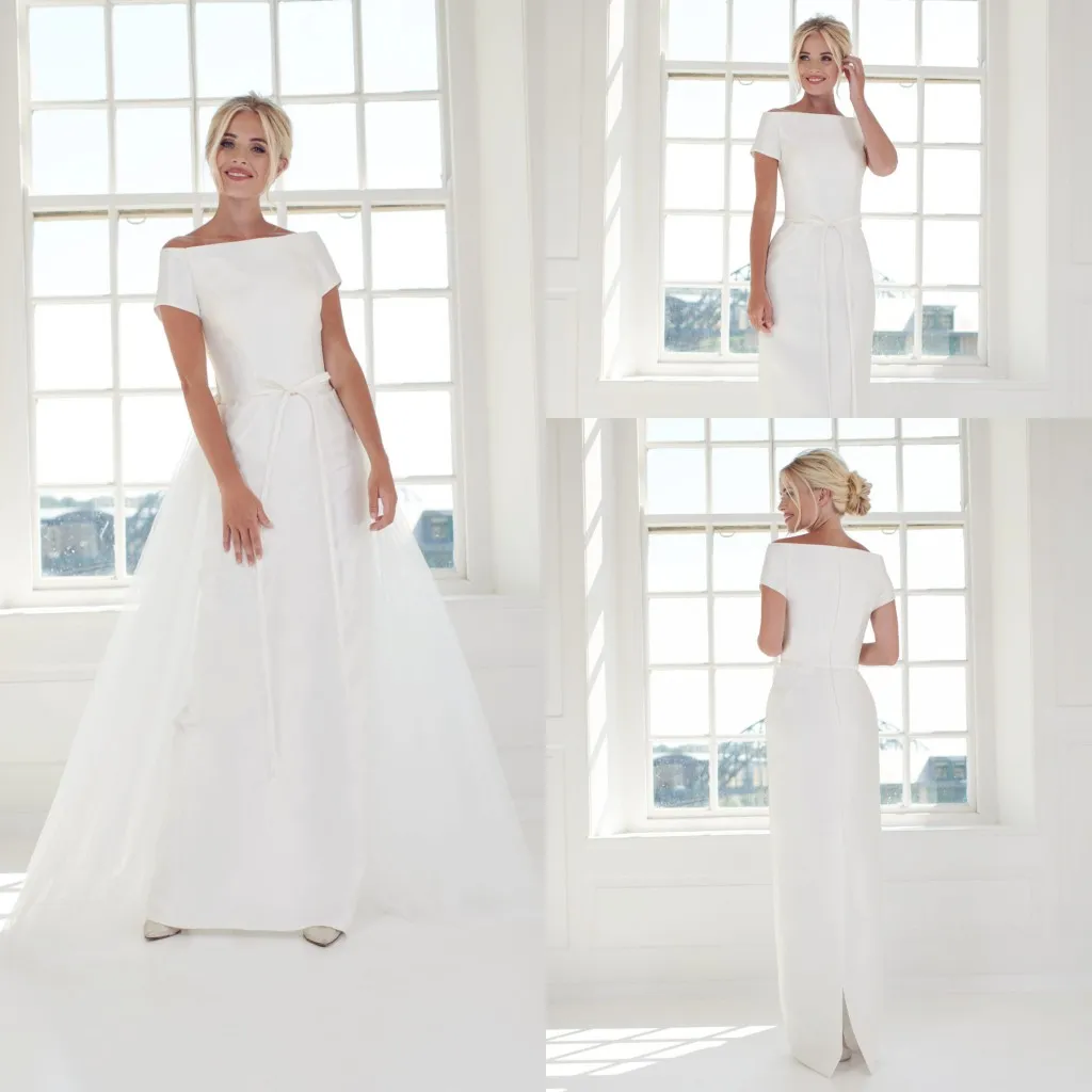 Sheath Bridal Gowns: Modest Bridal Dresses, Off Shoulder Satin Wedding ...