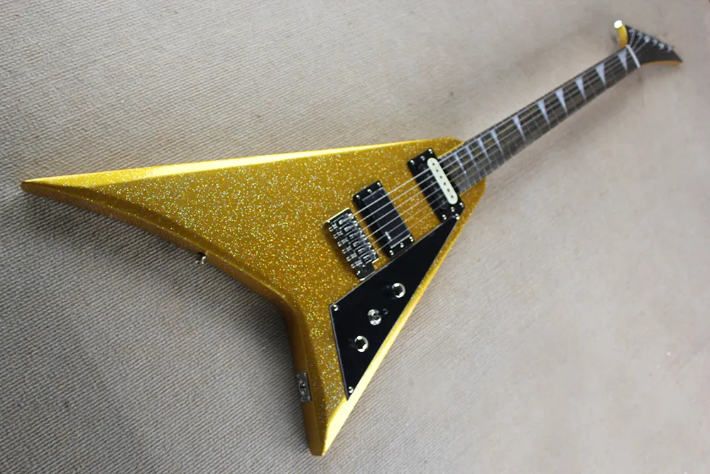 Custom V Shaped Gold Yellow Electric Guitar With Shining Paint, Chrome