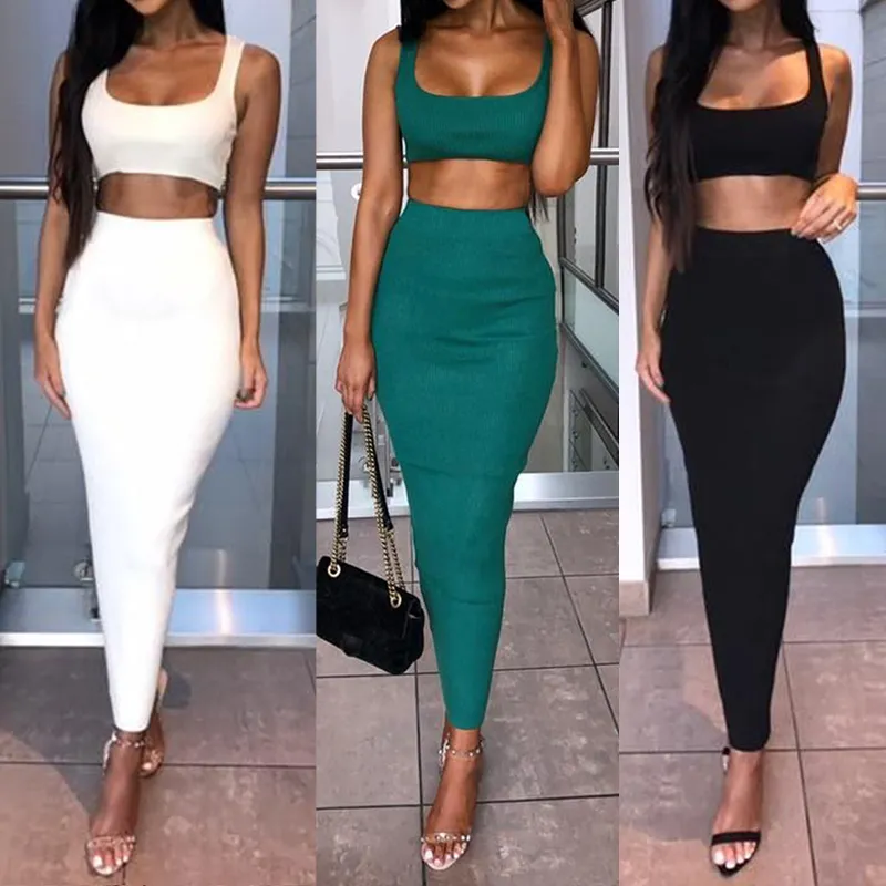 2 sztuk Zestaw Kobiety Crop Tops and Spódnica Dopasowane Kobiety Dwa Sztuki Sexy Bez Rękawów Krótkie Topy + Bodycon Slim Long Spódnicy Zestawy