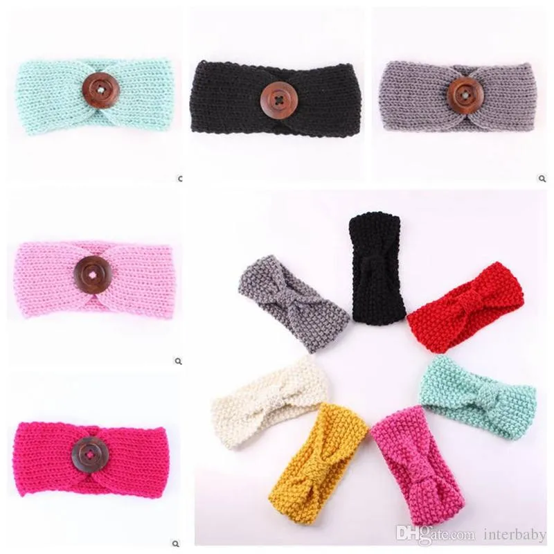 Baby Girls Opaski Moda Wełna Szydełka Pałąk z Przyciskiem Decor Zima Noworodka Infant Warmer Headwrap Dzieci Akcesoria Yl670