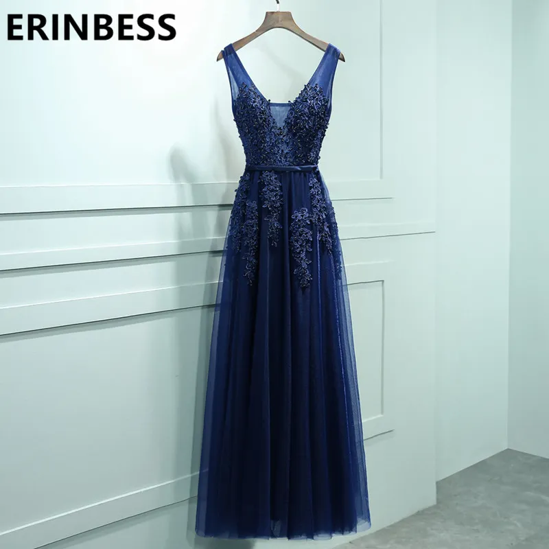 Sexy V Neck Lace Appliques Navy Blue Burgundy Evening Dresses Sashes Prom Gowns 2019 Women Party Gowns Vestido De Festa