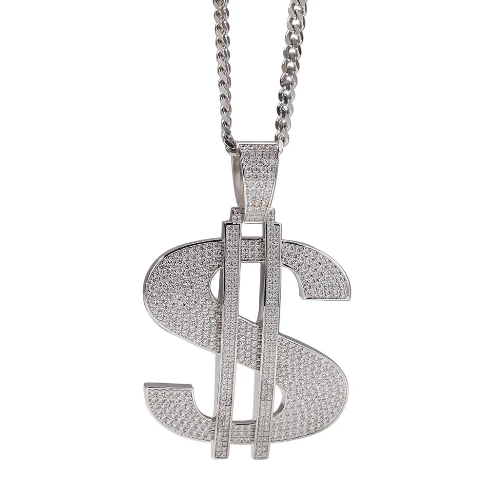 Neue Hip-Hop-Schmuck-Halskette, große Iced-Out-Ketten, Zirkonia, Kupfer, besetzt mit Diamanten, 18-Karat-Vergoldung, $-Buchstaben-Halskette