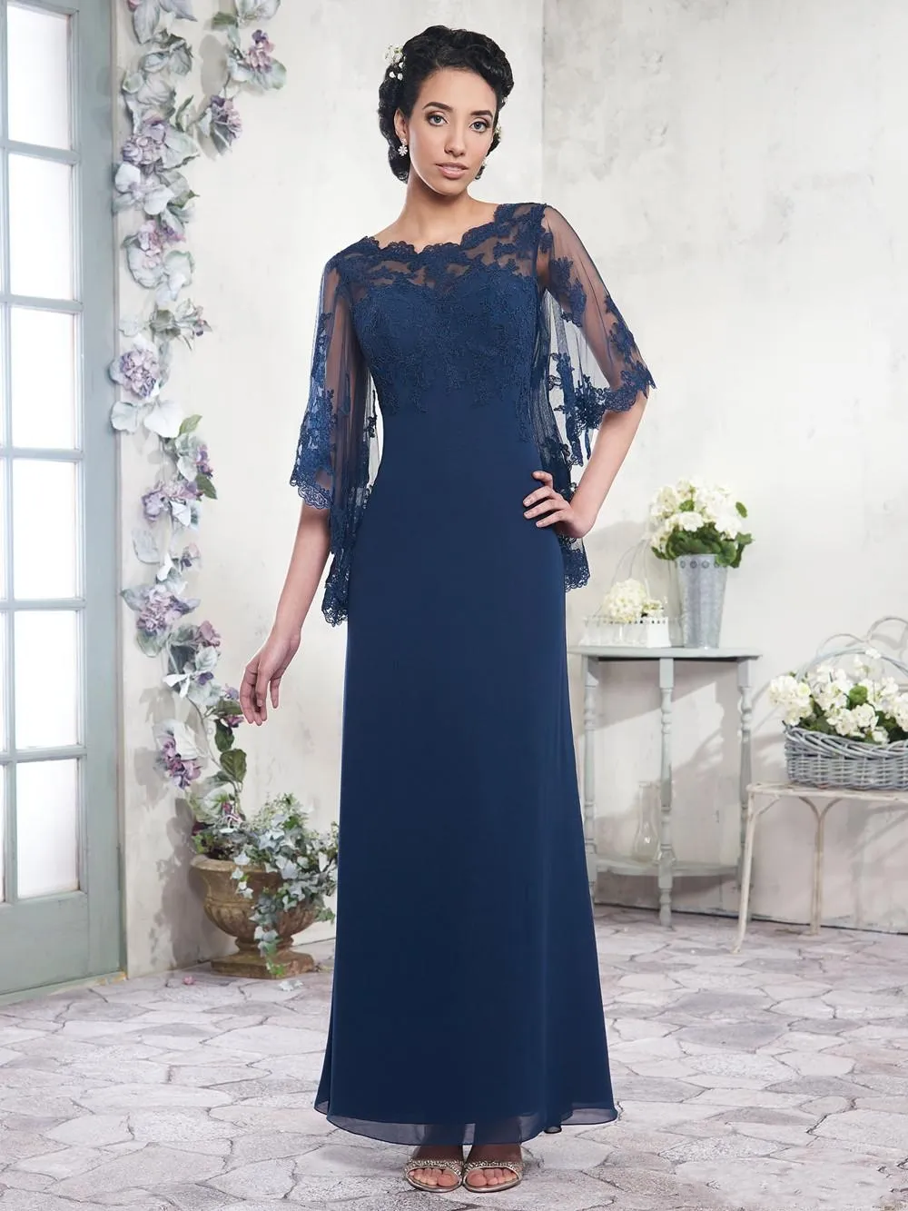 Dark Navy Chiffon Mother's Dresses Mother of the Bride Dress A Line Floor Length Evening Gowns Lace Long Sleeve