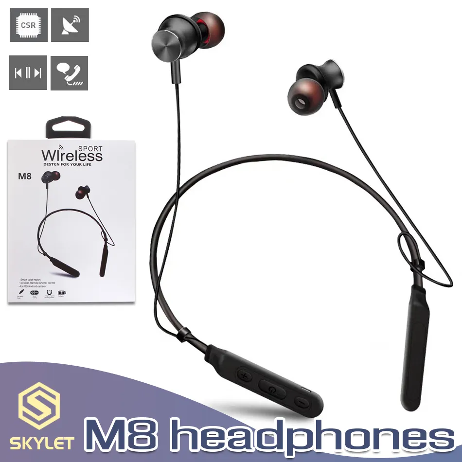 M8 Bluetooth Headphones Wireless Neckband Earphone Magnetic Sport Stereo Headset Handsfree Noise Cancelling with Mic in Box