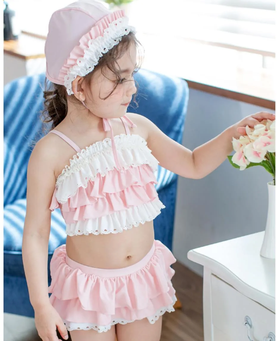 INS Lace Ruffle Pink Baby Girls Swimsuit Korean Childrens Spa Frill Bikini  For Beach And Pool C5001 From Cherry_room, $73.58