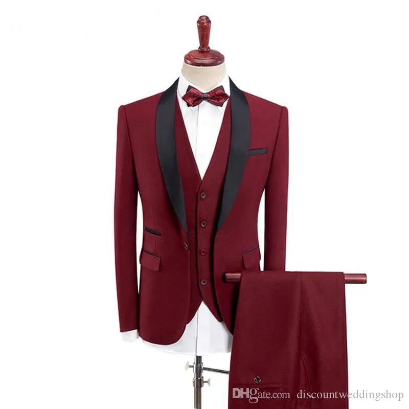 3 Piece Real Photo Burgoundy Groom Tuxedos Shawl Collar Men Wedding Clothes Party Work Suits (Jacket+Pants+Vest+Tie) K253