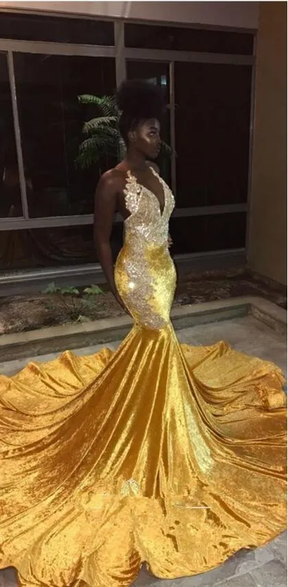 Black Halter Mermaid Gold Mermaid Prom Dress With Deep V Neck Velvet Lace Applique And Backless Design 2019 Formal Evening Gown With Sweep Train From Babydress001 80.21 DHgate.Com