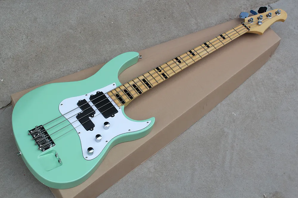 Factory Custom Green 4 Strings Electric Bass Guitar with Black Fret Inlay Maple Fretboard White Pickguard offering customized services