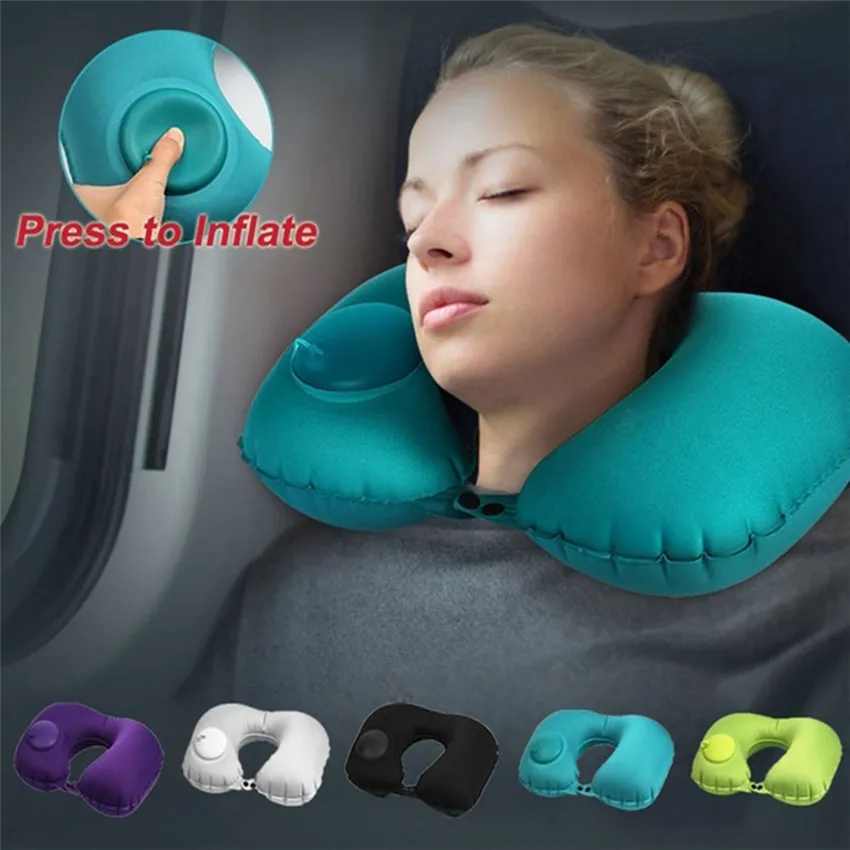 Oreiller de voyage gonflable, oreiller de cou à air léger reste cool tissu auto-pompe up up support du cou dans les voyages en avion