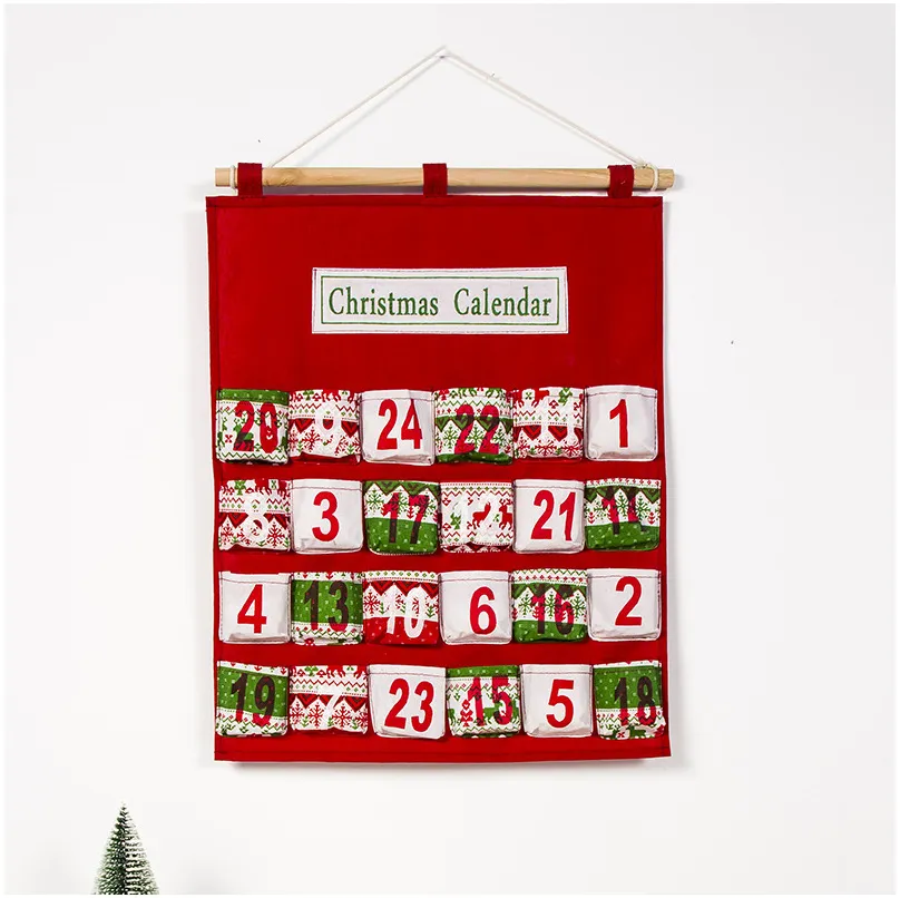 Red Christmas Advent Kalender Muur Opknoping Xmas Ornament Afdrukken Candy Bag Count Down Adming Gift Tassen Woondecoratie DBC VT1019