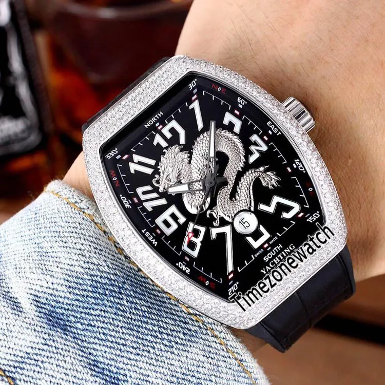 montre d'avant-garde Nouveau V45 SC DT AC BL Argent Diamant Lunette Cadran Noir 3D Argent Dragon King Automatique Montre Homme Montres En Caoutchouc Timezonewatch E48b2