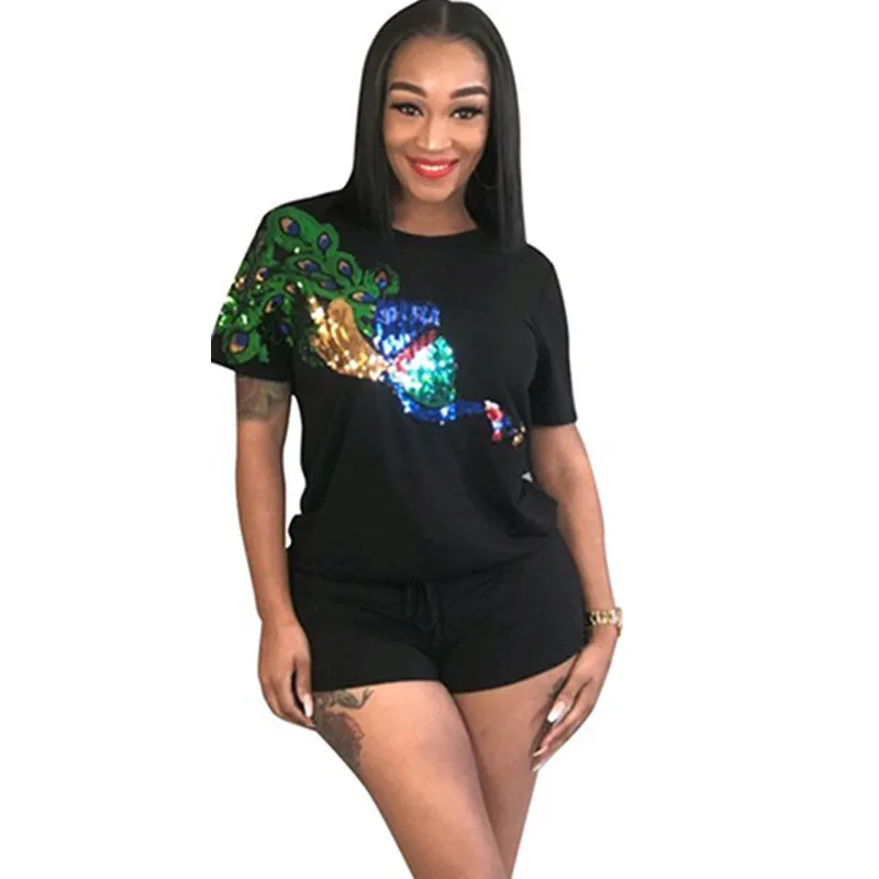 Peacock Sequin Tracksuit Women Sweatsuit 2 Piece Set Casual Short Sleeve T-shirt Top and Elastic Waist Shorts Two Piece Outfits