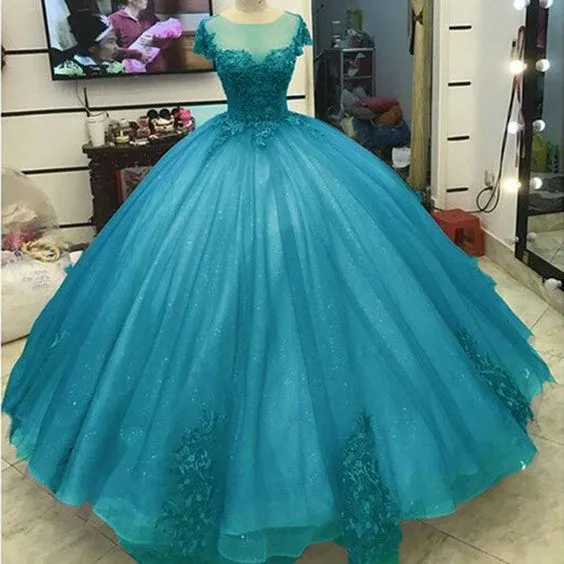 아쿠아 블루 레이스 얇은 명주 그물 달콤한 16 드레스 소매 가운과 댄스 파티 Appique Quinceanera Dresses 2019 여자 파티 정장 가운