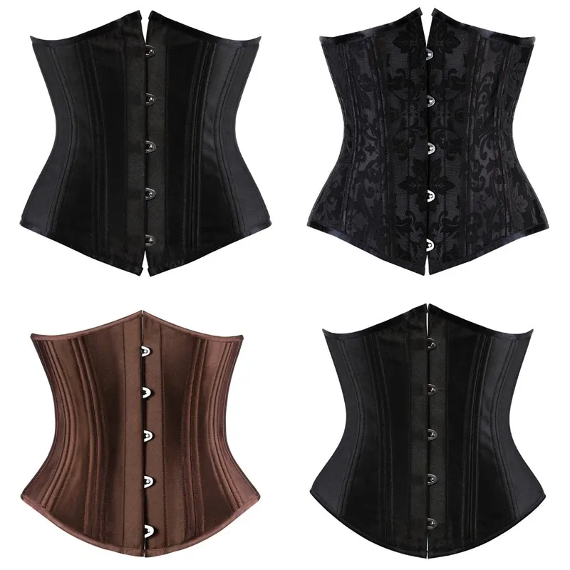 Women Black Corset Top 12pcs Steel Boned Satin Underbust Padded Lace-up Bodyshapers Waist Train Corset Slim Body Shaperwear Plus Size XS-6XL