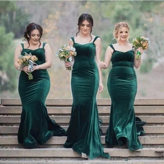 Robes de mariée en velours vert émeraude pour les invités robe de demoiselle d'honneur sirène spaghetti longue sur mesure demoiselle d'honneur robe de soirée pas cher