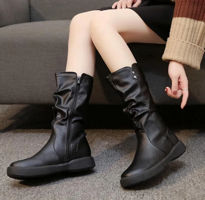 Hot Sale High quality Warm mid leg boot women s boots British fashion boots round toe mid heel flat side zipper luxe Martin boots V61