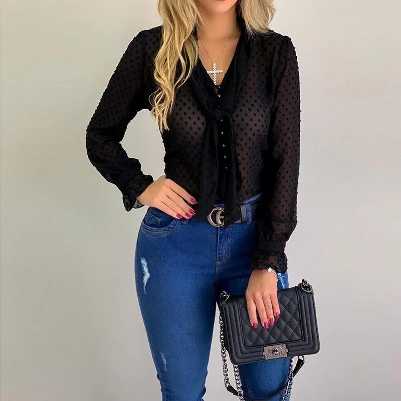 Camisa de manga larga con botones y lunares para mujer Tops y Blusas para mujer Blusa de gasa de verano 2019 Blusas de talla grande para mujer