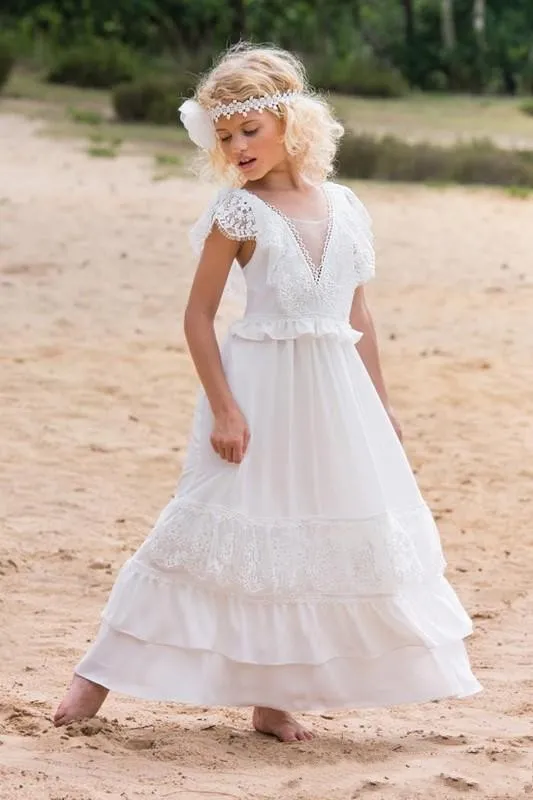 Boho Beach bohemian Communion dress with Lace Appliques, Short Sleeves, Tiered V-Back, and Bow - Affordable Children's Party and Communion Gown Boho Beach bohemian Communion dress with Lace Appliques, Short Sleeves, Tiered V-Back, and Bow - Affordable Children's Party and Communion Gown