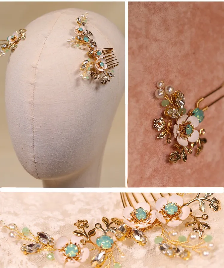 Vente en gros - Épingles à cheveux en cristal vert, ensemble de peignes, bijoux de cheveux de mariée en or, accessoires de peignes à cheveux de mariage, couvre-chef fait à la main