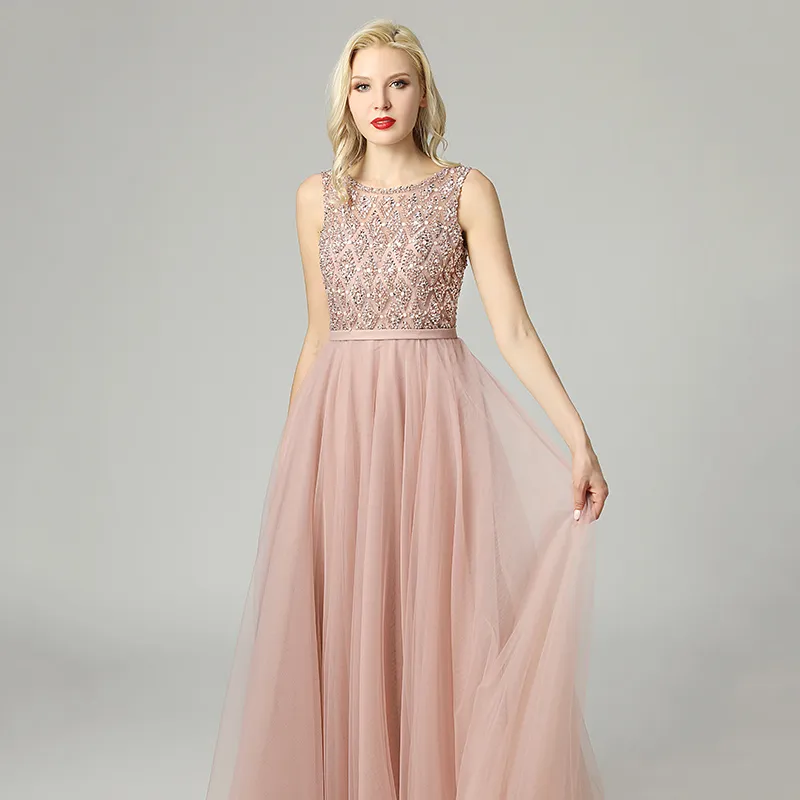 Élégant Une Ligne Robe De Bal 2020 Perlée Dos Nu Tulle Sexy Tenue De Soirée Sans Manches Illusion Robes De Soirée Robes De Soirée 5465 Robe Maxi