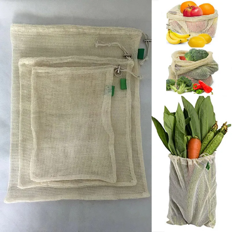 3 pz/set Riutilizzabile Maglia di Cotone Fare La Spesa Produrre Borse Frutta Verdura Sacchetti Freschi Borse A Mano Sacchetto di Stoccaggio Domestico Borsa Con Coulisse WX9-1173