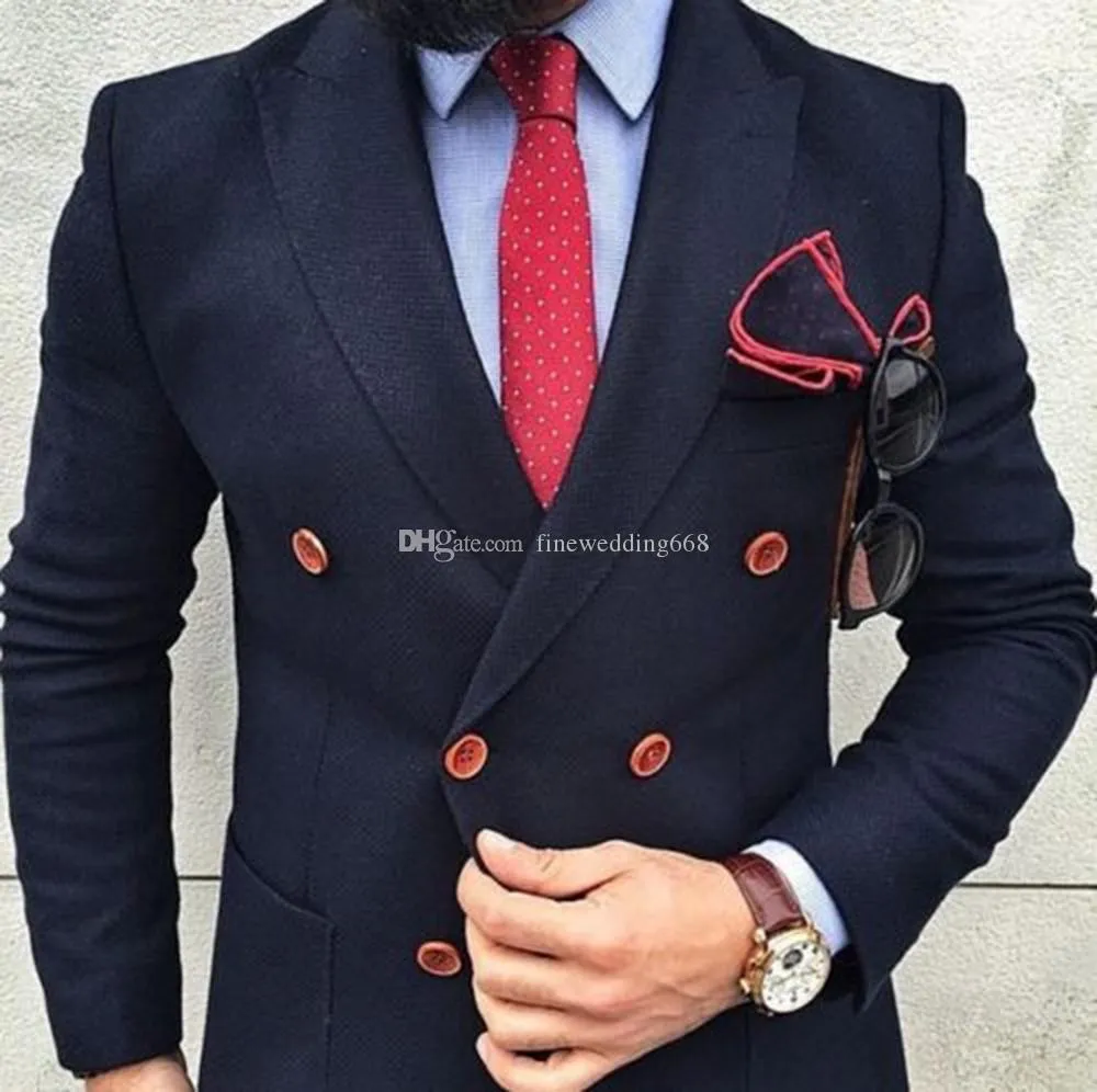 Handsome Double-Breasted Groomsmen Peak Lapel Groom Tuxedos Men Suits Wedding/Prom/Dinner Best Man Blazer(Jacket+Pants+Tie) AA254