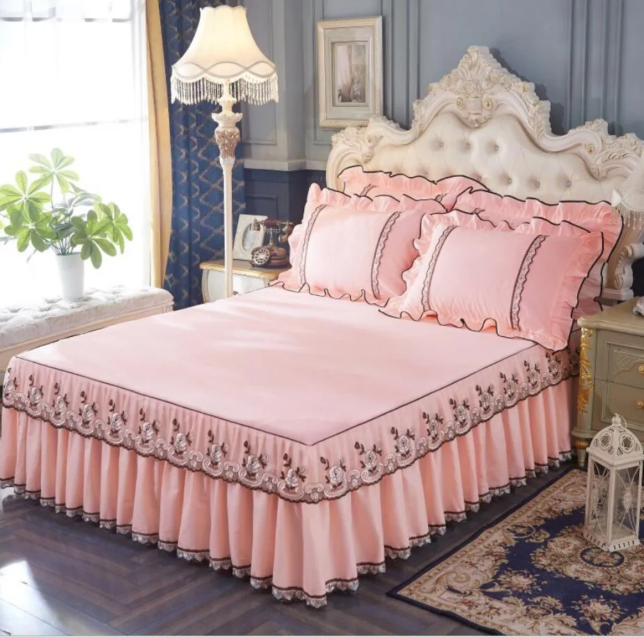 1/Princess Lace Bedspread Bed Sheet Pillowcases Embroidered Solid Pink